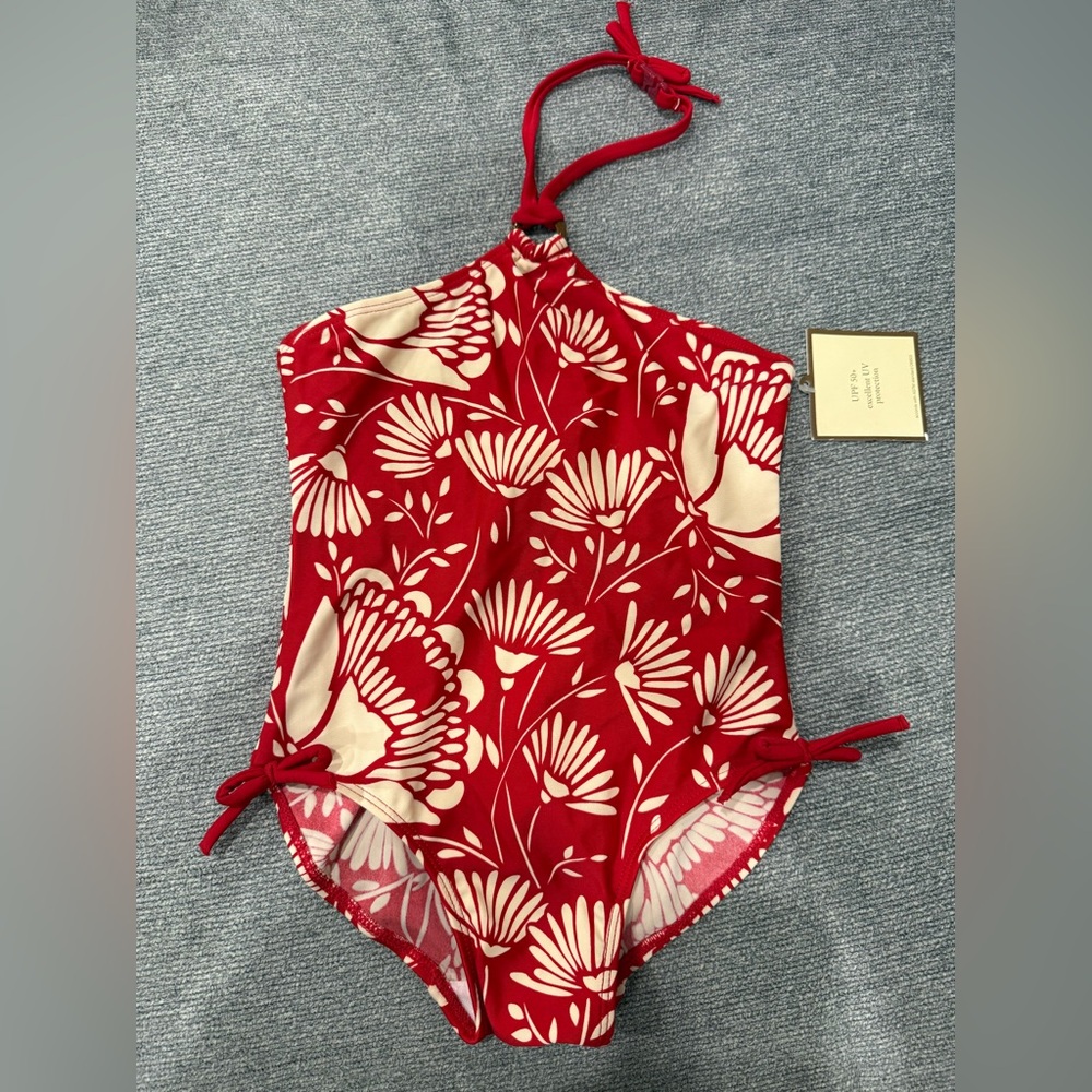 GAP Red and Cream Floral Halter One-Piece Swimsuit - Kids